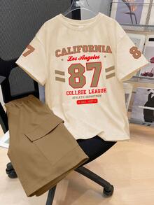 2pcs/Set Boys' Summer Casual Outfit, Short Sleeve T-Shirt And Shorts With Interesting English Letter And "87" Number Print, Suitable For Summer Wear - Apricot - View 1