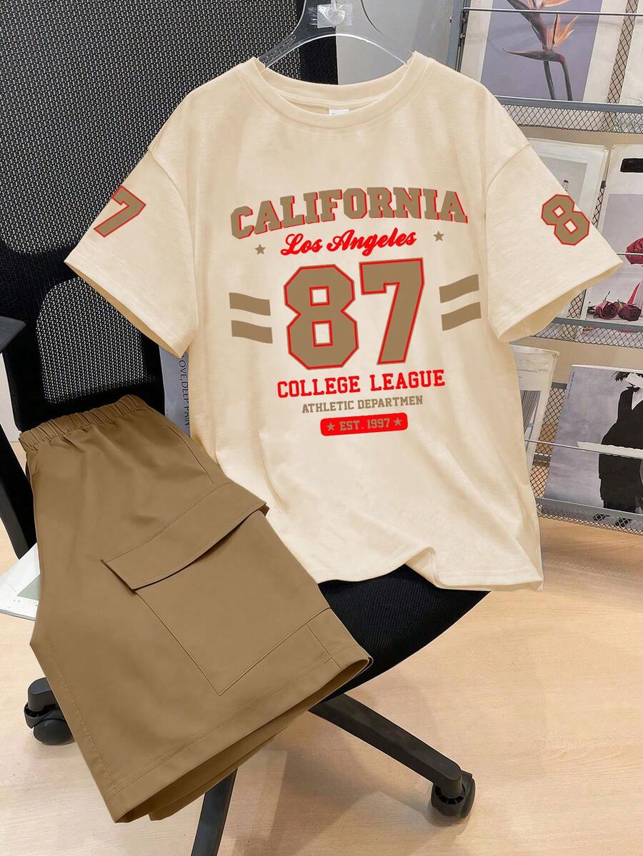 2pcs/Set Boys' Summer Casual Outfit, Short Sleeve T-Shirt And Shorts With Interesting English Letter And "87" Number Print, Suitable For Summer Wear - Apricot - View 1