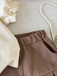 Girls' School Style Ribbed Set, Doll Collar Short Sleeve Shirt + Anti-Flashing Pleated Skort, Korean Sweet Style, Breathable For Spring/Summer, Suitable For School And Outings - Brown - View 6