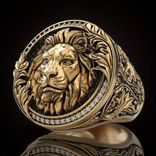 Vintage Blackened Carved 18K Gold Plated Cubic Zirconia Round Lion Punk Rock Ring For Men - Gold - View 9
