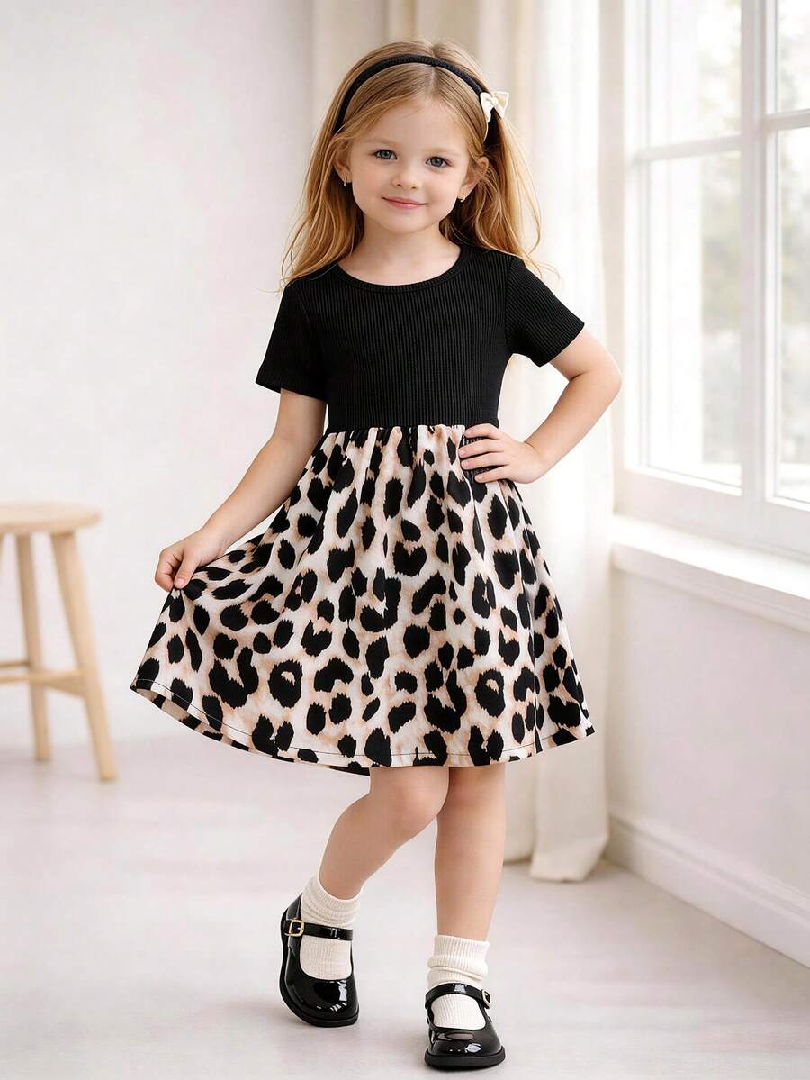 女童二合一拼接连衣裙，黑色罗纹短袖上衣+豹纹喇叭裙，时尚休闲百搭 - 黑色 - 查看 1