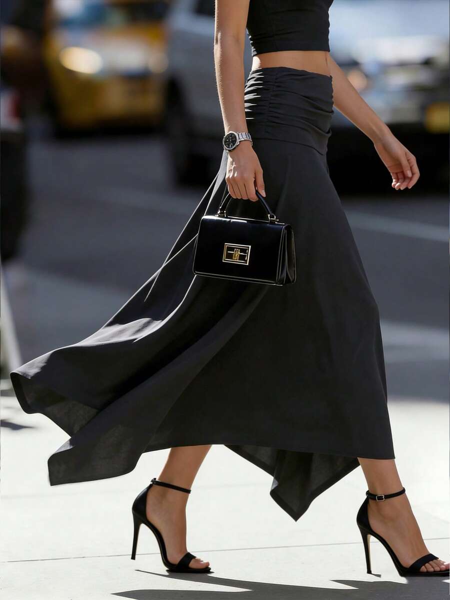 Chân váy maxi xếp ly cạp cao màu đen dành cho nữ - Chất liệu mềm mại, rủ nhẹ, vạt bất đối xứng, dáng chữ A - Trang phục thanh lịch, lãng mạn, thường ngày cho Ngày Valentine, Lễ hội Carnival. - màu đen - Xem 1