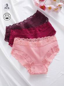 3pcs/Set Solid Color Cotton Ribbed Lace Patchwork Sexy & Comfortable Women's Panties, Suitable For Valentine's Day, Christmas, Autumn/Winter, Spring/Summer Daily Wear - Multicolor - View 4