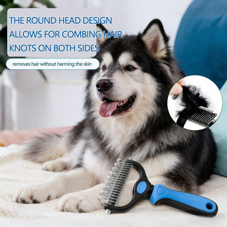 Lược chải lông gỡ rối cho thú cưng, thép không gỉ, màu xanh dương, đa chức năng. Giải quyết các vấn đề như rối lông nghiêm trọng, rụng lông theo mùa, nuốt phải búi lông và các vấn đề khác. Loại bỏ lông rụng và các mảng rối mà không làm tổn thương da. Một dụng cụ chải chuốt thú cưng kết hợp chức năng của lược và bàn chải. Thích hợp cho cả mèo và chó.