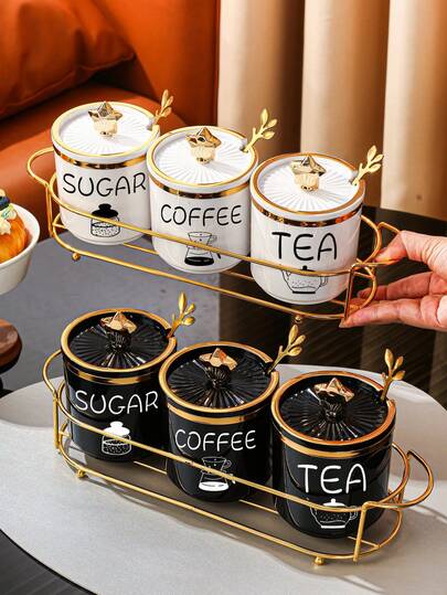 7pcs (1 Holder, 3 Jars, 3 Spoons) Plastic Spice Jars & Jar Holders, Sugar Jar, Candy Jar, Food Storage Jar, Decorative Jar, Airtight Seal Jar, Tray Set For Kitchen, Living Room, Dining Room, Suitable For Grains, Candy, Cookies, Bread, Salt, Pepper, Seasoning