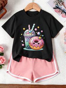 2pcs/Set Teen Girls Casual Outfit, Black Short Sleeve Cartoon Donut & Drink Print Top + Pink & White Trim Shorts, Comfortable Loose Sweet Girls Daily Wear Set - Multicolor - View 1