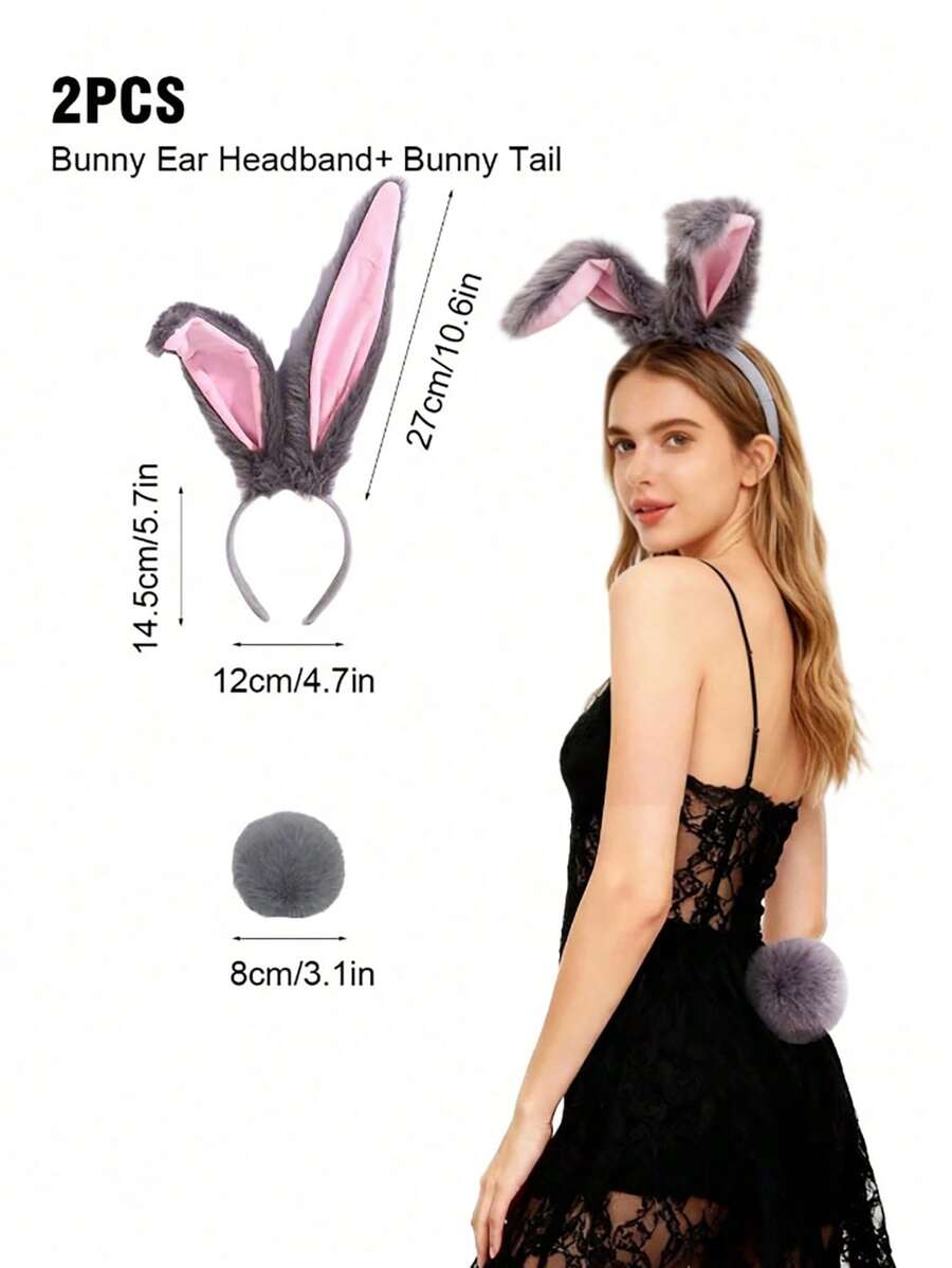 Animal Ear Headband & Tail Set (Fox And Rabbit Styles), Couple Role Play Costume, Party Outfit, Cute Accessory, Photo Prop, Plush Ears, Couple Set, Costume Party Outfit - Multicolor - View 1