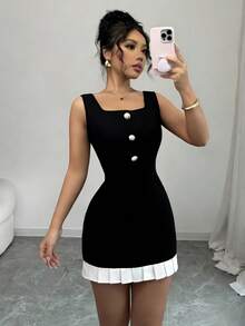 GOODAA  Vestido informal con botones delanteros, tirantes anchos y parchwork en blanco y negro para mujer - Negro - Ver 5