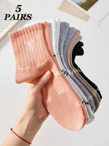 1/5 Pairs Pink & Multi-Color Bow Tie Short Socks, Cute Mid-Calf Socks, Soft & Comfortable, Suitable For Daily Wear, Outdoor Activities, All Seasons Sports, Minimalist & Fun Socks, Holiday Gift, Photo Prop, Pink, Cute - Multicolor - View 7