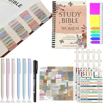 Bible Study Set With Spiral Notebook, Gel Pen And Labeling System - Color Coded Bible Books, Christian Journal Gift For Women, Church Small Group Bible Study Supplies, Christmas And Thanksgiving Gift