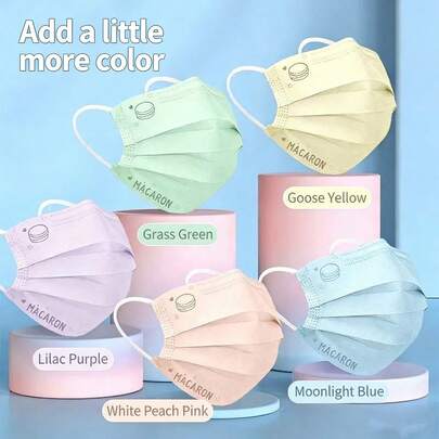 Macaron Color Disposable Face Masks, 3-Ply Breathable Protection, Cute Macaron Print Fashion Masks
