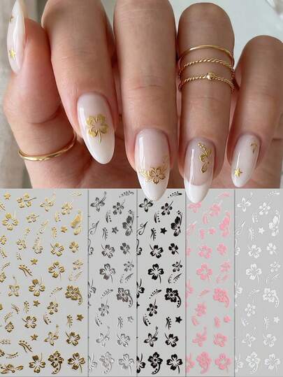 4件套极简十字星美甲贴纸 - 金色、银色、黑色、白色 Y2K 闪亮星空美甲贴 - 音乐节/派对/时尚日常 DIY 美甲装饰