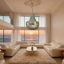 3-Lights Wood Beaded Chandelier, Rustic Vintage Farmhouse Pendant Light,Boho Light Fixtures Bohemia Blue Beach Ceiling Light For Living Room, Bedroom, Kitchen Island - 美規A型插(110-127V) - 查看 4