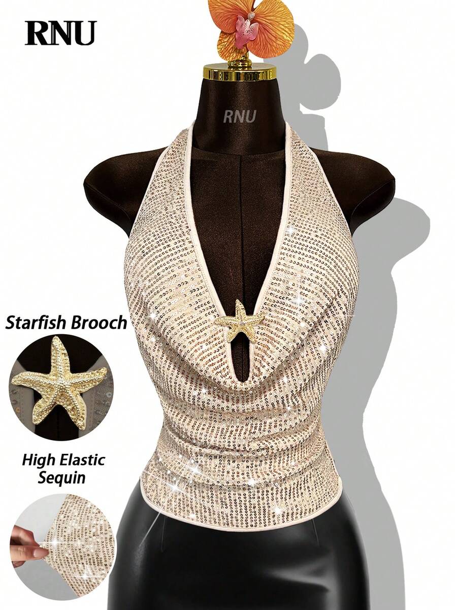 RNU杏色香槟亮片镂空不规则海星金属纽扣细肩带垂褶领吊带背心，女士简约弹力修身针织吊带背心，适合休闲、约会、夜店、音乐节、性感派对、海滩、旅行等多种场合。 - 香檳色 - 查看 1