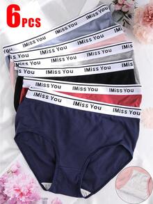 6 Pieces Of Women's High Waisted Ribbed Underwear - Breathable Elastic Waistband With "Missing You" Letter Design, 6 Color Combinations, Soft And Comfortable For Daily Wear, Fun Text Patterns | Comfortable Fit, Cute Underwear - 彩色 - 查看 1