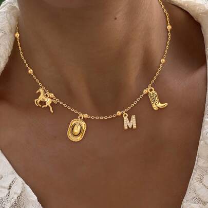 1 chiếc mặt dây chuyền hình ngựa, mũ cao bồi miền Tây cổ điển mới, bằng thép không gỉ mạ vàng, kèm dây chuyền hạt cườm cho nữ.