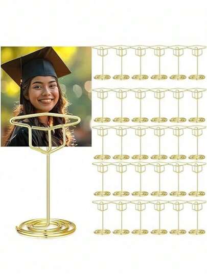 10pcs Graduation Cap Table Number Holders, Graduation Cap Display Clips, Multifunctional Gold Graduation Cap Name Card Holders And Memo Clips, Suitable For Graduation Party, Wedding, Birthday Party - Multifunctional Photo/Image/Name Card Desktop Display Stand With Stable Base, Elegant Graduation Cap Shaped Central Decor