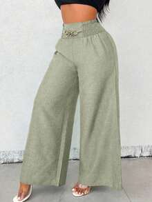 Women's Linen Wide-Leg Pants With High Waist And Gold Chain Detail | Linen Style | Sizes P To G3 | - 綠色 - 查看 1