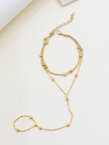 1pc European & American Style Multi-Layer Metal Ball Chain Linked Ring Bracelet, Unique Design, Suitable For Summer Beach Wear, Bead Quantity And Placement May Vary By Length - Yellow Gold - View 3