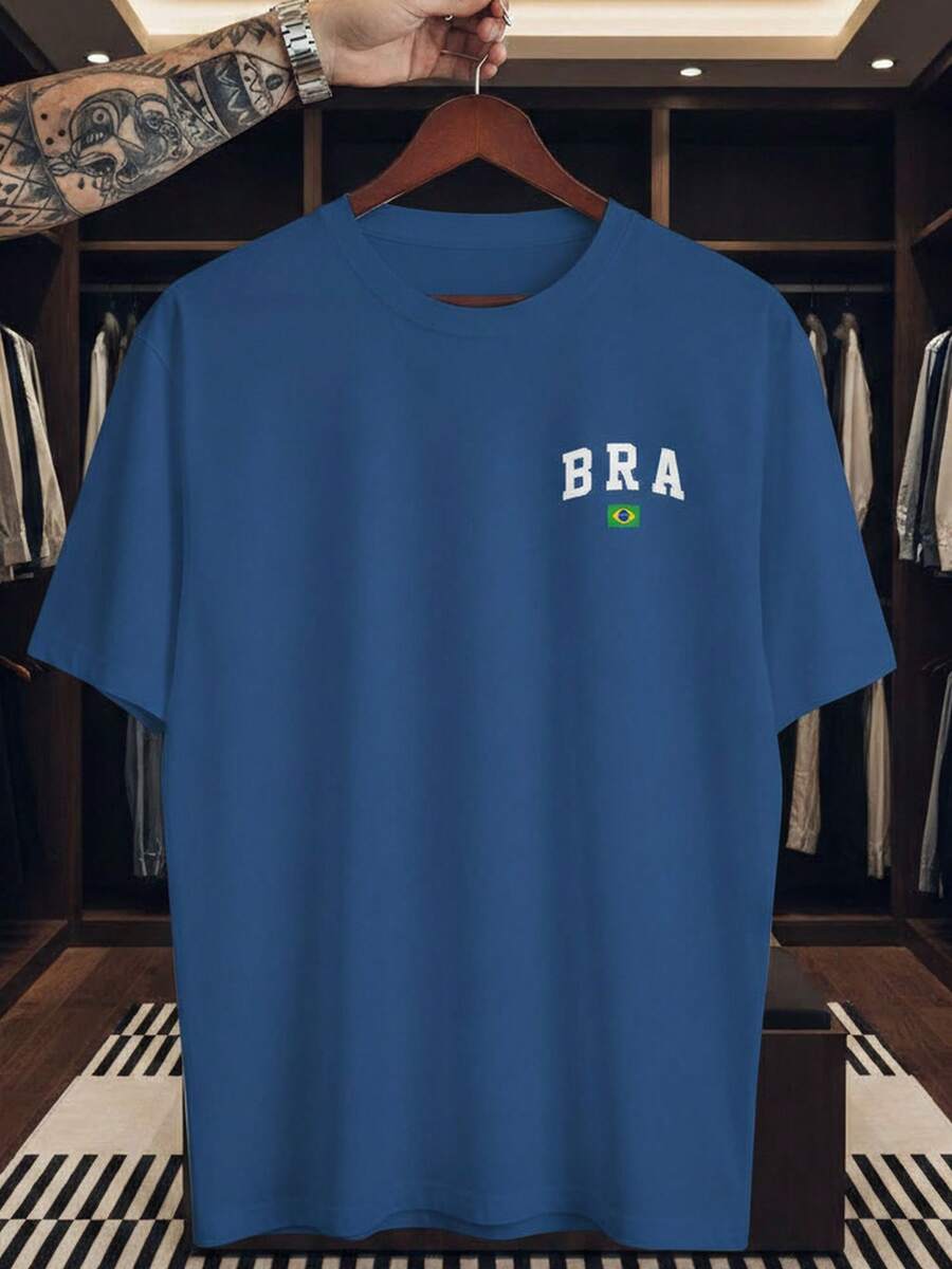 Unisex T-Shirt Supporting The Brazilian National Football Team, Small Side Print, Short Sleeve, Men's/Women's, 100% Cotton, Casual, Crew Neck - 寶藍色 - 查看 1
