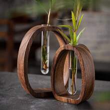 4 piezas Maceta hidropónica de madera de nogal y vidrio - Sistema hidropónico vertical vintage, incluye 2 jarrones de vidrio y 2 bases de madera de nogal, maceta de vidrio con aireación para las raíces - Decoración de escritorio para el hogar y la oficina, hidroponía ahorradora de espacio - Marrón - Ver 4