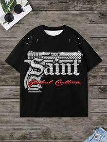 Áo thun nam tay ngắn phong cách hip hop retro in chữ Saint đính đá lấp lánh - Nhiều màu - Xem 3