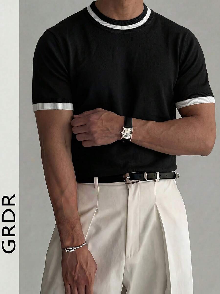 GRDR 男士撞色圆领针织短袖毛衣，夏季款 - 黑色 - 查看 1