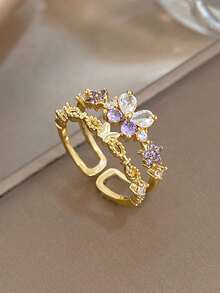 18K Gold Plated Anti-Fading Elegant Butterfly Heart Bow Zirconia Adjustable Ring Set, Women's Vintage Jewelry, For Valentines, Party, Gala, Daily, Dating, New Years, Wedding, Beach, Christmas Anniversary, Elegant Mom Gift Boho Jewelry Birthday Bridesmaid Gift Regal Elegant Accessory Set - Multicolor - View 3