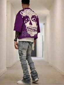 Y2K Style, Directional Printing, Cotton T-Shirt - Soft, Breathable, 100% Pure Cotton Fabric - Comfortable And Energetic Summer Street Style Short-Sleeved T-Shirt, Cool Design, Retro Summer Men's Daily Wear T-Shirt - 紫色 - 查看 11