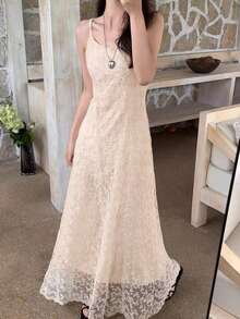 [Free Shipping] Women's Embroidered A-Line Long Dress, Sleeveless, Spaghetti Straps, Flared Hem, Woven Fabric, Casual Elegant Style - trắng - Xem 2