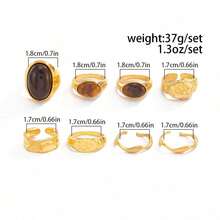 8-Piece Set Of Vintage Geometric Jade-Inlaid Rings, Featuring Chunky Metal Gold Rings For Women, Suitable For Everyday Wear And Party Occasions.  A Complete Jewelry Set. - Yellow Gold - View 4