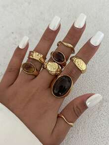 8-Piece Set Of Vintage Geometric Jade-Inlaid Rings, Featuring Chunky Metal Gold Rings For Women, Suitable For Everyday Wear And Party Occasions.  A Complete Jewelry Set. - Yellow Gold - View 6
