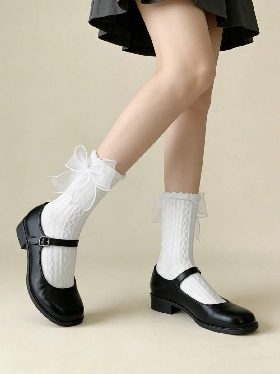 1/2/3/6 pares de calcetines de media caña versátiles y dulces con adornos de encaje, trenzados y lazos estilo Lolita - Multicolor - Ver 1