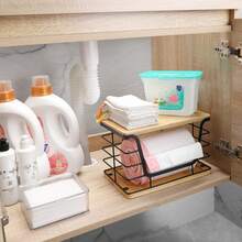 Storage Stackable Kitchen Laundry Organizers With Bamboo Top, Large Trash Bag Holder And Small Garbage Bag Dispenser For Countertop Organization - Bộ 1 chiếc - Đế tre cỡ XL màu đen - Xem 5