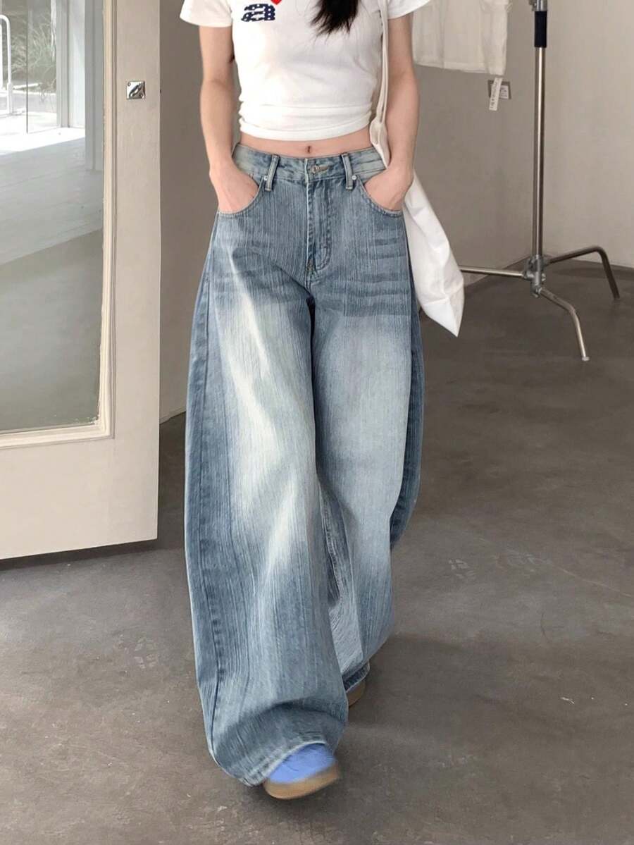 Women's Wide-Leg Denim Pants, New Arrival, High Waist, Draped Silhouette, Curved Fit, Denim, Spring Clothing, Trousers. - Retro Blue - View 1