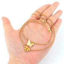 2 piezas/set Tobilleras de acero inoxidable dorado con cadena de cuentas, con diseño simple de moda de corazón, inicial y mariposa para mujeres - Amarillo Oro - Ver 3