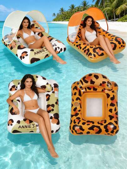 1件装可拆卸顶篷豹纹充气躺椅，可拆卸顶篷设计，带杯架和枕头，休闲度假风格，经典豹纹元素，适用于游泳池、沙滩、海边、泳池派对、水上乐园、水上音乐会、水上休闲、充气漂浮物、泳池漂浮物、水上休息座椅、充气筏，充气泵需另行购买。