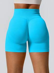 NcmRyu 1 chiếc quần short thể thao nữ không đường may, có gân, cạp cao, nâng mông, mềm mại và thoải mái. - Màu xanh lam - Xem 6