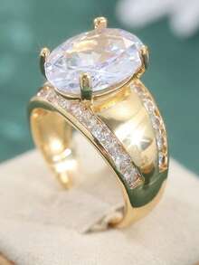 Luxury Gold Color Men's Synthetic White Cubic Zirconia Wedding Band, Brilliant & Noble Engagement Party Ring - Gold - View 10