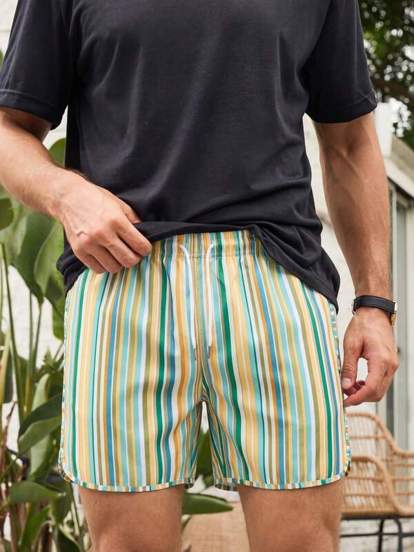 MAISONFOX Men's Drawstring Waist Striped Pocket Casual Beach Shorts,Vertical Striped Drawstring Waist Swim Trunks