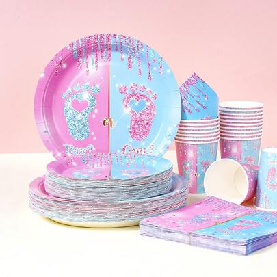 Gender Footprint Disposable Tableware Set, 7/9 Inch Party Plates, Disposable Paper Plates, Cups, Napkins, Suitable For Holidays, Weddings, Engagements, Birthdays, Parties, Celebrations