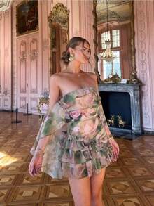 Spring And Summer New Chiffon Printed Lotus Leaf Edge Cloak Chest A-Shaped Dress Skirt - Multicolor - View 1