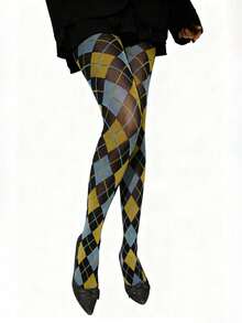 Plaid Floral Striped Blue & Green Velvet Tights, Diamond Pattern Nylon Cartoon Plaid Tights, High Stretch Breathable Comfortable Slimming Yoga Tights For Women, Cozy - 淺藍色 - 查看 2