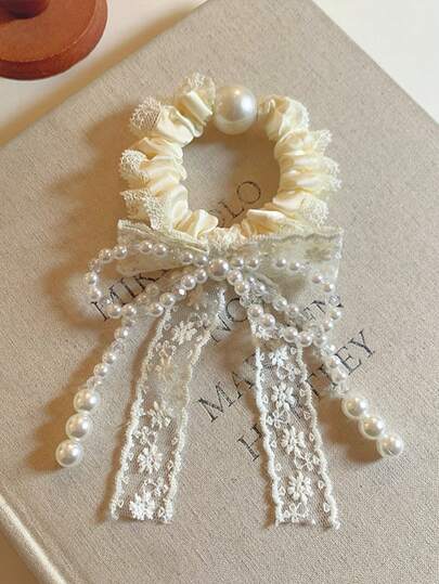 1 pieza Elegante lazo de encaje francés Scrunchie para el cabello, Soporte versátil para cola de caballo baja, Accesorio para el cabello de estilo coreano dulce