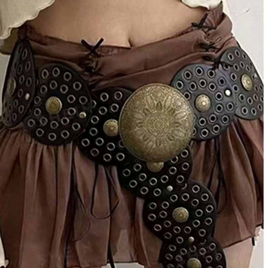 Cinto feminino preto de couro PU estilo western com fivela redonda vazada de metal e ilhós (1 unidade). - Preto - Ver 1