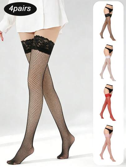 4 đôi tất lưới trong suốt không co giãn viền ren dành cho nữ, tất lưới khoét lỗ gợi cảm, thích hợp cho hộp đêm, cuộc sống về đêm, hẹn hò, biểu diễn, tuần trăng mật và các dịp khác - Tất gợi cảm