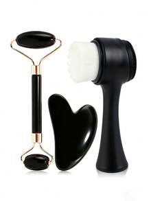 三件套树脂面部护理套装：双滚轮按摩器 + 心形刮痧板 + 双面洁面刷，家用清洁提拉紧致护肤美容套装 - 黑色臉部清潔套裝 - 查看 1