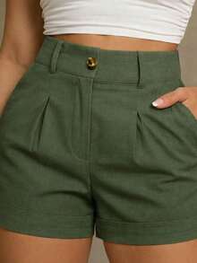 LivanModas Women's Linen High-Waisted Shorts With Button And Zipper - Casual Chic Summer 2026 - màu xanh lá - Xem 1