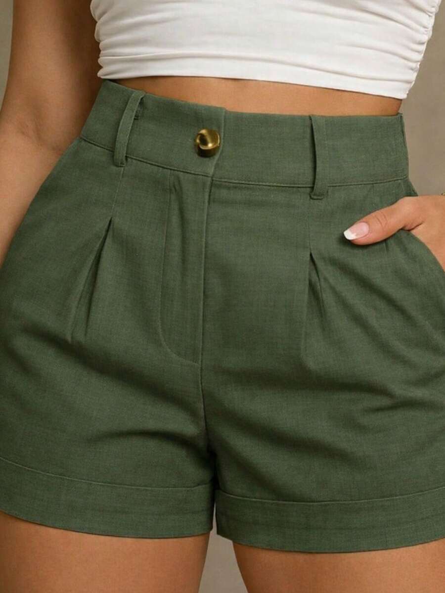 LivanModas Women's Linen High-Waisted Shorts With Button And Zipper - Casual Chic Summer 2026 - màu xanh lá - Xem 1