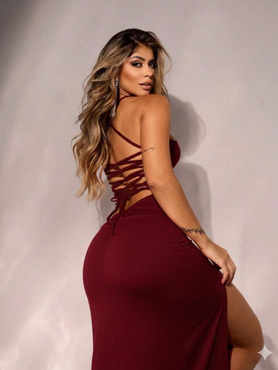 Wine-Colored, Long, High-Grammage Suplex Dress With Built-In Bra Cups And Side Slit, For Elegant Evening Parties. - 紅木色 - 查看 1